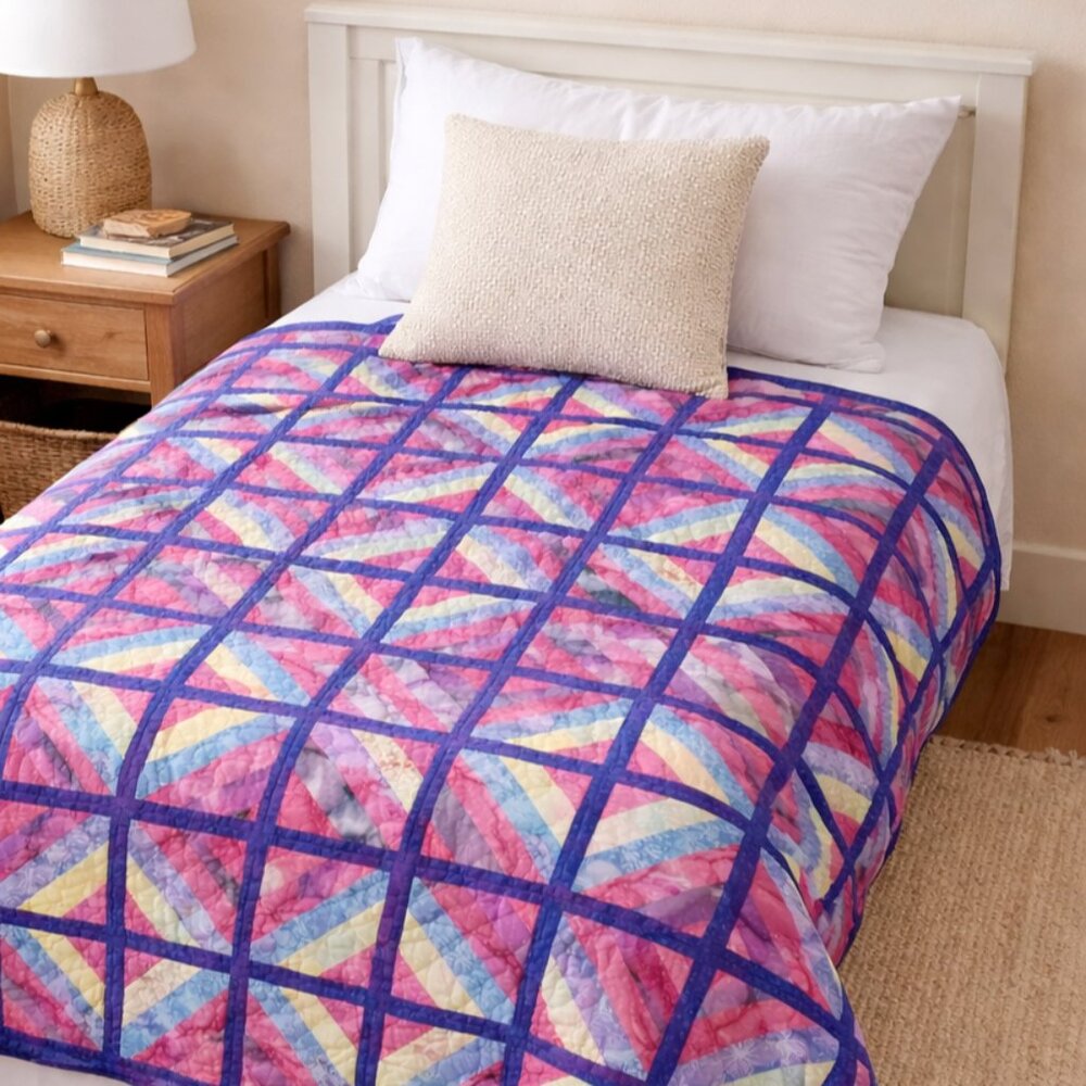 Handmade Colorful Batik Patchwork Quilt Pink Blue Rainbow TWIN Tie-dye